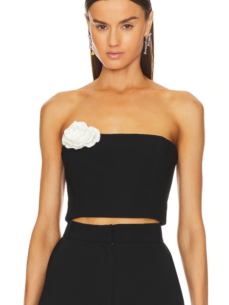 Amanda Uprichard X Revolve Mandy Rose Crop Top Black Ivory White Rose Strapless